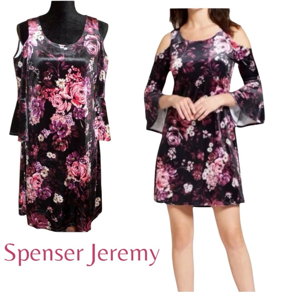 Spenser Jeremy Cold Shoulder Floral Velvet Stretch Dress - Women’s 10 - NWT - Picture 2 of 15